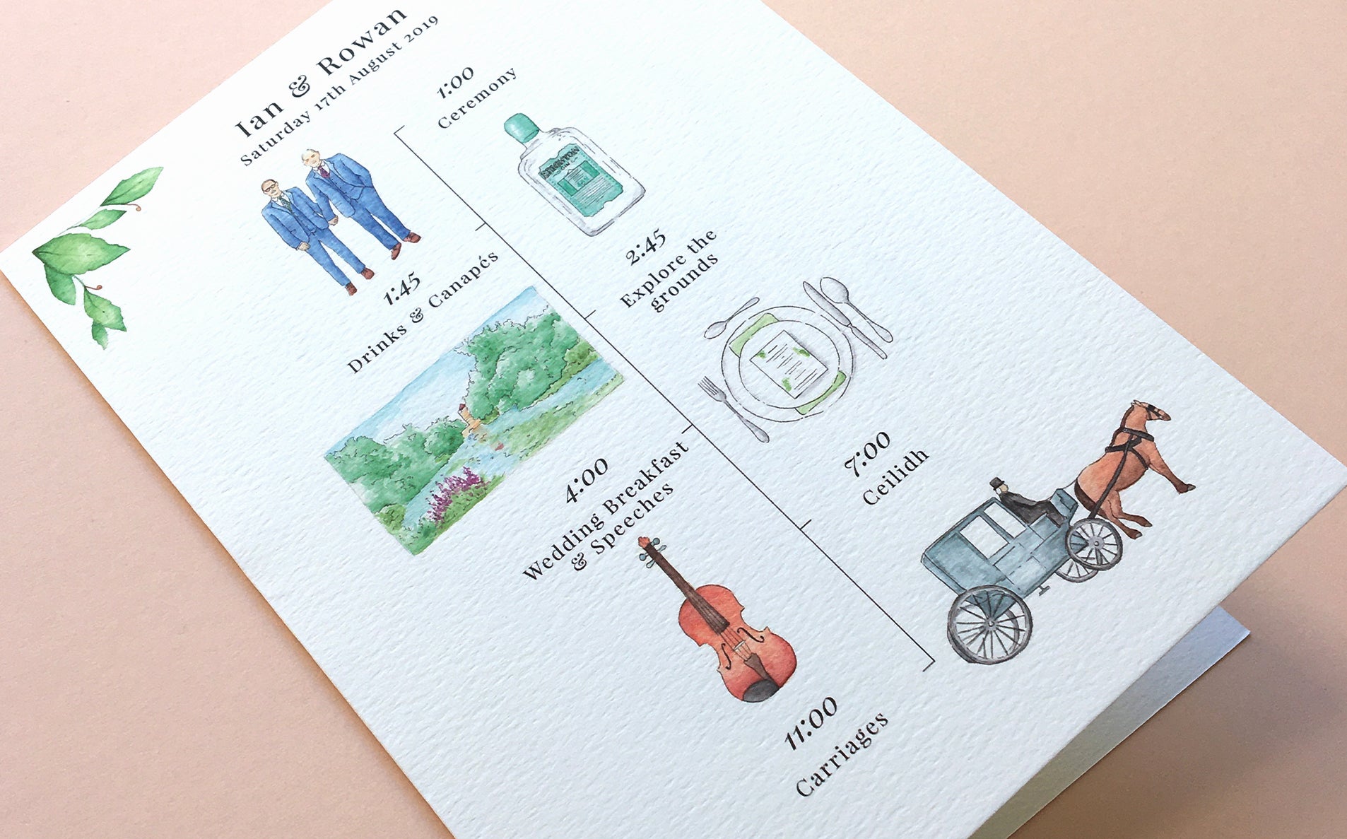 Illustrated wedding day timeline, featuring an illustration of the couple