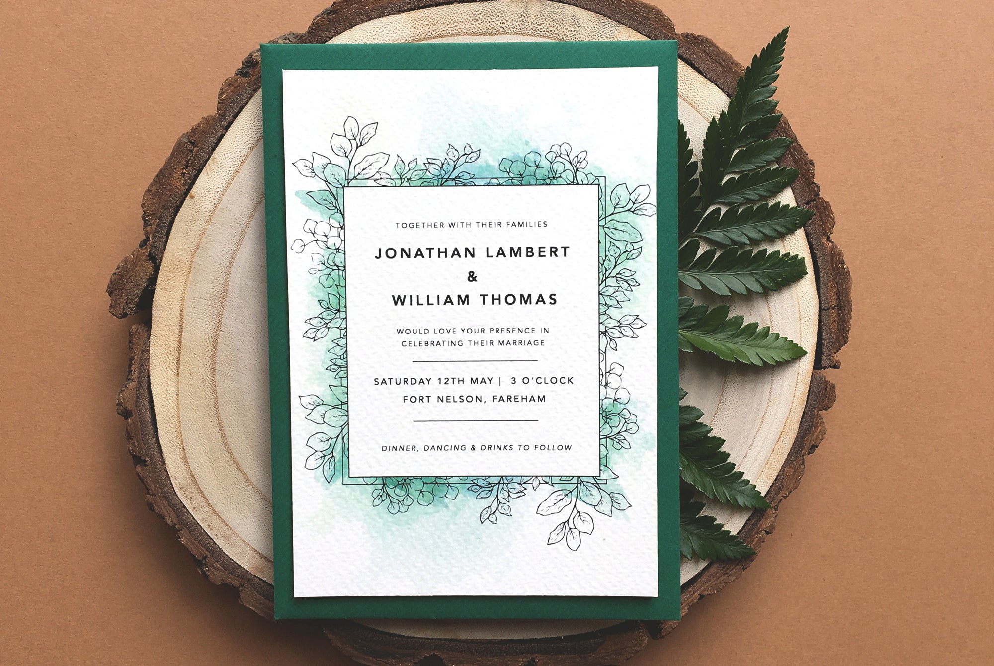 Woodland inspired wedding invitation design featuring line illustrations