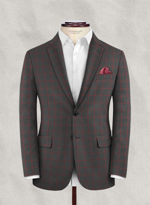 Charcoal Red Windowpane Flannel Wool Jacket