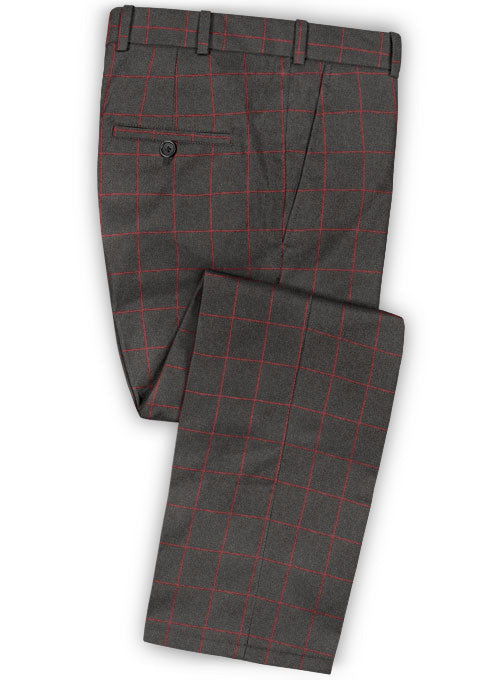 Charcoal Red Windowpane Flannel Wool Pants