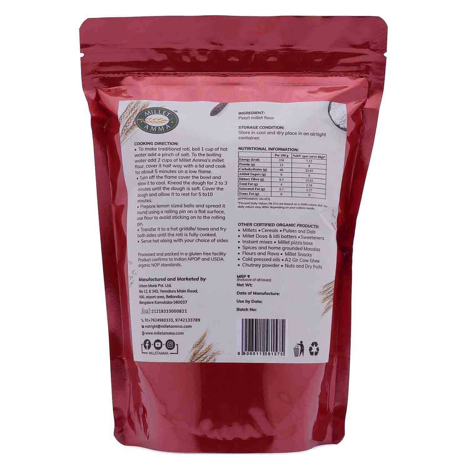Bajra (Pearl Millet) Flour Organic 500gm | Bajra Millet - Millet Amma