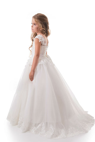 2022 Scoop A Line Tulle With Applique And Sash Sweep Train Flower Girl Dresses