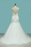 2022 Spaghetti Straps Mermaid/Trumpet Wedding Dresses Tulle With Beading