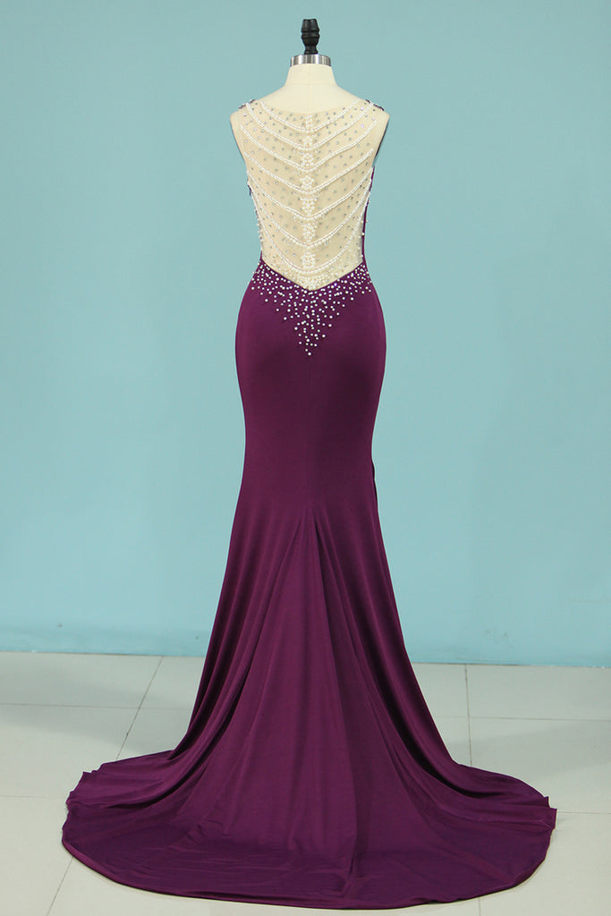 2021 Mermaid Prom Dresses V Neck Spandex With Beads And Slit