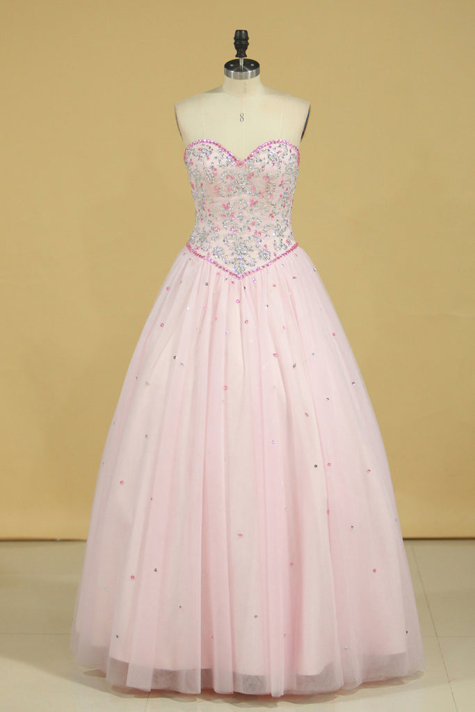 2021 Sweetheart Ball Gown Quinceanera Dresses Tulle With Beads And Rhinestones New