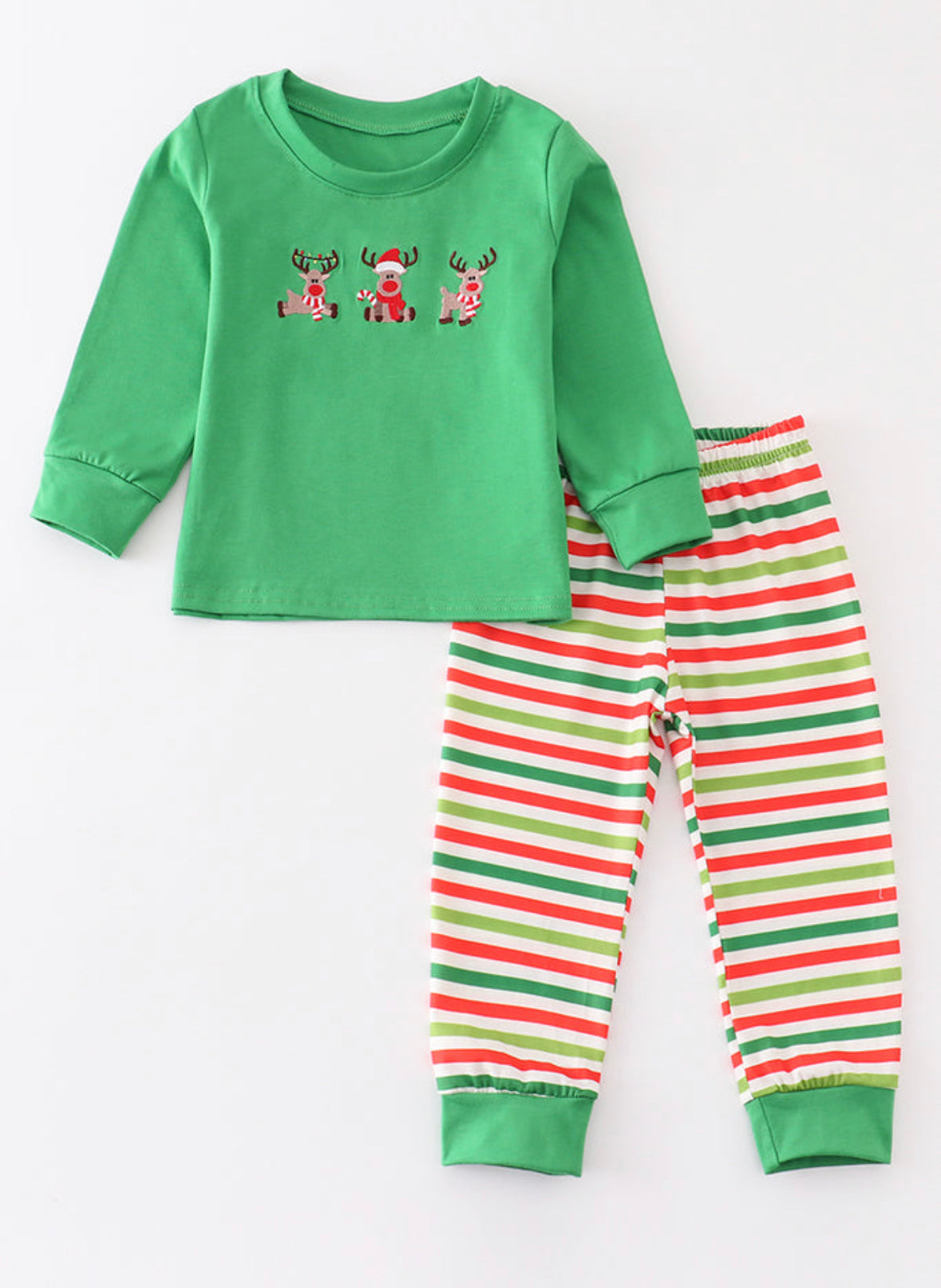 Green Stripe Reindeer Embroidered Boy Set