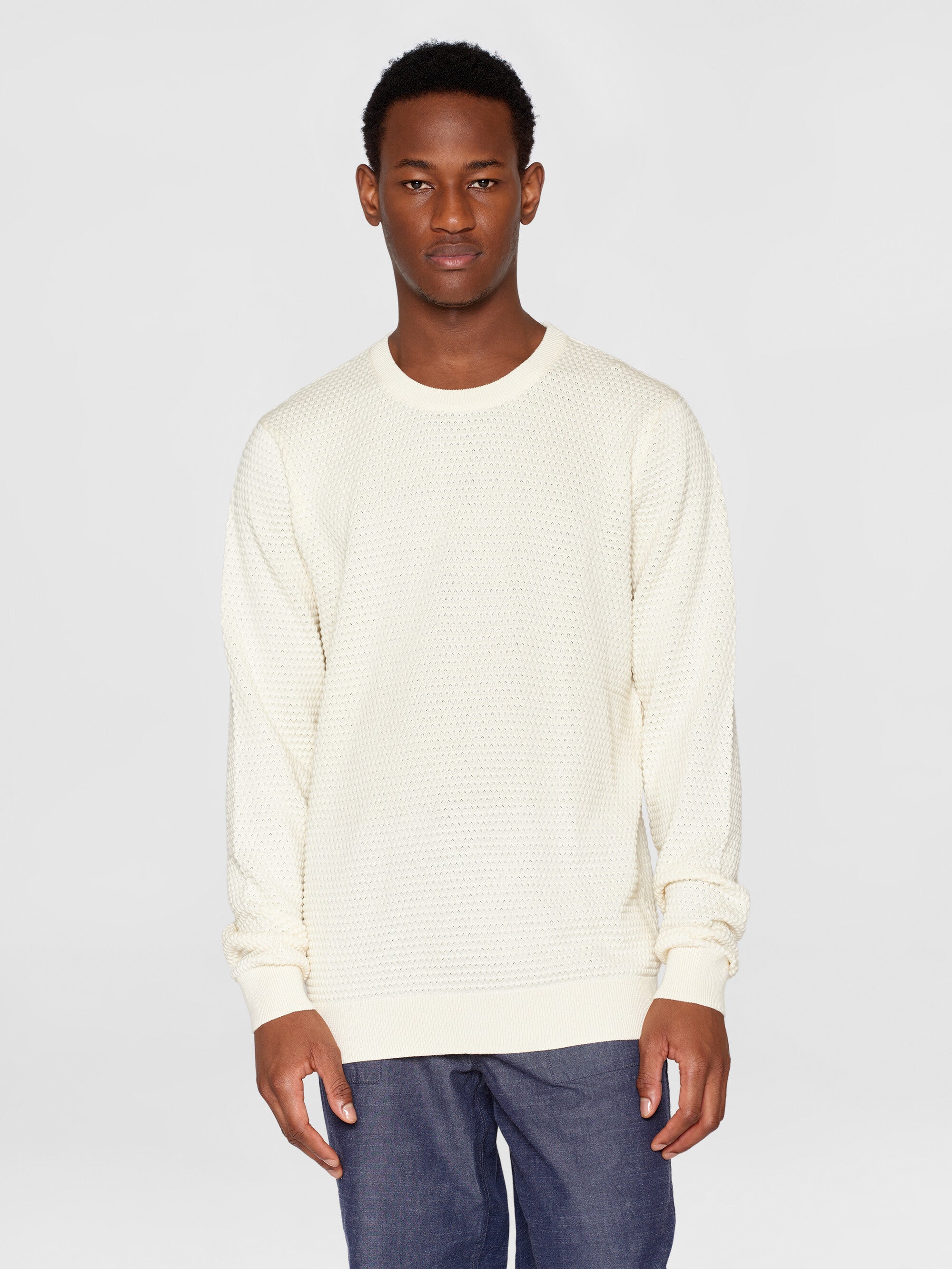 VAGN regular bubble knit crew neck - Regenerative Organic Certified - GOTS/Vegan - Egret