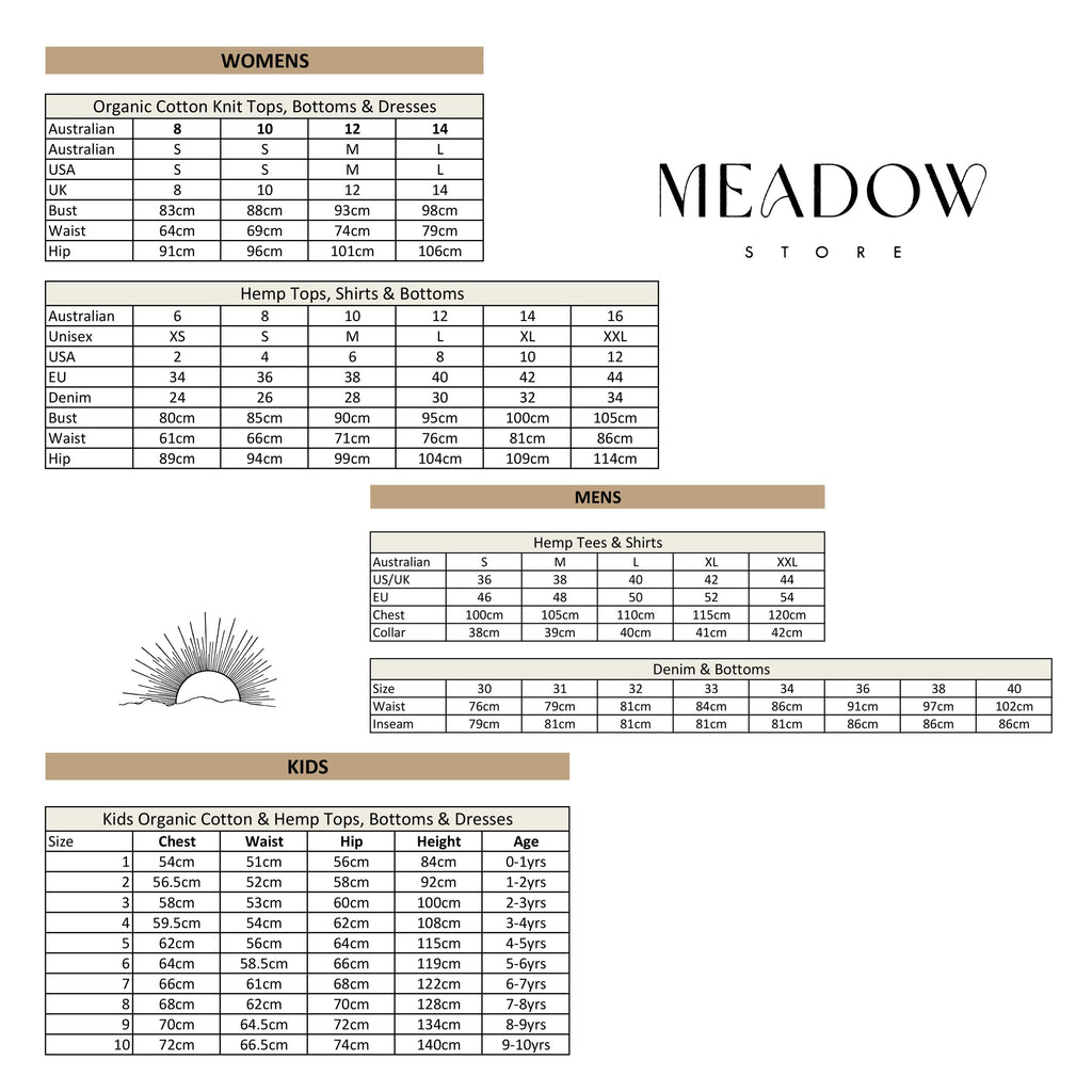 Meadow Store Size Guide Australian, CM to Inches, Mens, Womens, Childrens, UK, US and EU