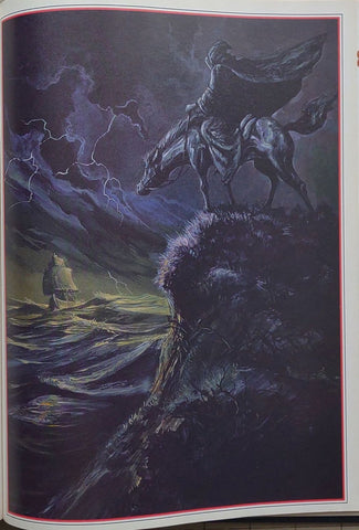 This picture is also very dark, but the sea is tinted green. A horseman with a in a dark cloak looks out to sea where a ship sails in the distance.
