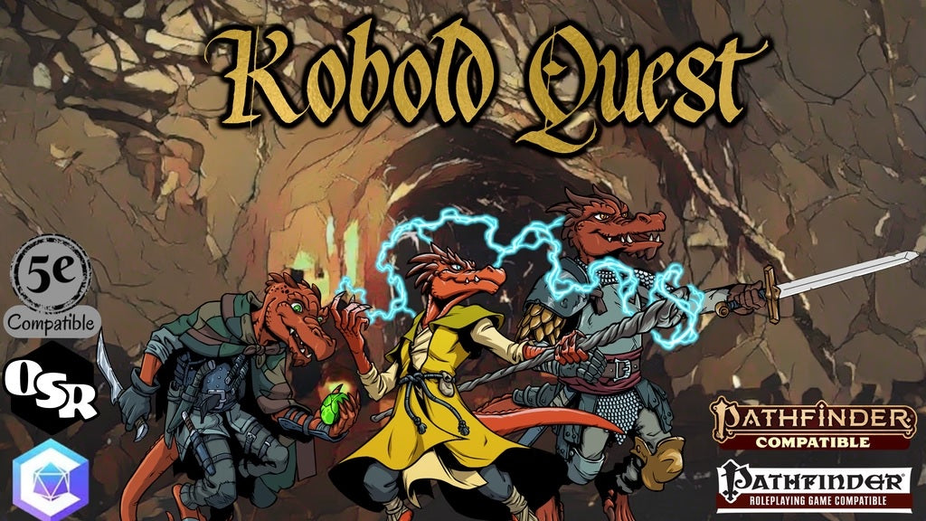 Kobold Quest Kickstarter Graphic. For Pathfinder 1 & 2, Basic Fantasy, Cogent and D&D 5E.