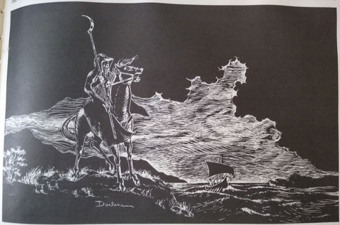 This looks like it was drawn on black paper with a white pen. A horseman in a black cloak with a scythe looks out to sea where a ship sails in the distance.