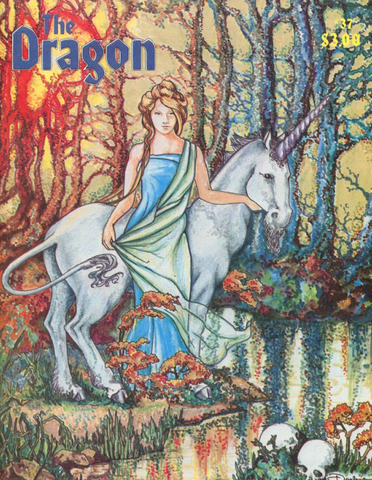 A woman in a diaphanous blue and green dress stands in a wooded glade near a pool. Her hand rests on the chin of a unicorn.