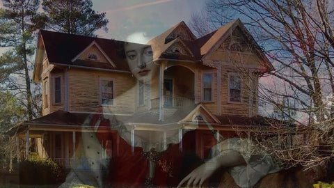 Image of a Queen Anne victorian home with a portrait of a victorian lady superimposed in front of it.