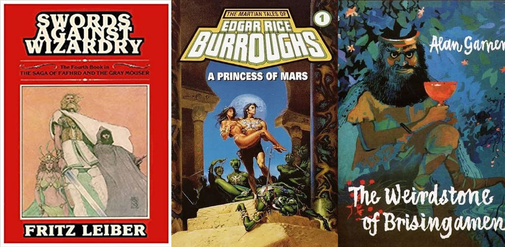 Covers of the Novels "Swords Against Wizardy" by Fritz Lieber, "Princess of Mars" by Edgar Rice Burroughs, and "The Weirdstone of Brisingamen" by Alan Garner.