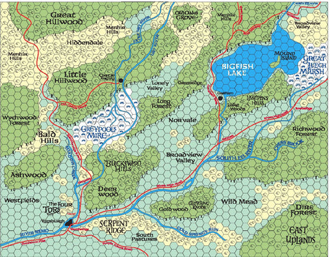 A section of a map with green forests, beige hills, a big blue lake, and some very light turquoise plains.