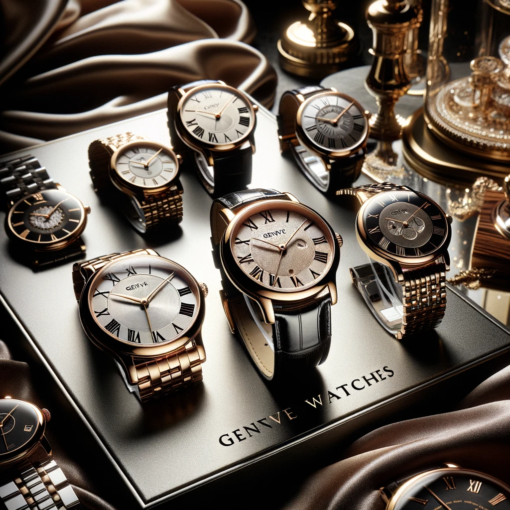 A luxurious and elegant setting showcasing a collection of Geneve watches. The scene includes a beautifully arranged display of these watches