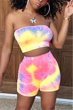 Fashion Sexy Sleeveless Strapless Off The Shoulder Short Print Tie Dye Two Pieces
