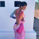 multicolor backless mesh vacation maxi dress