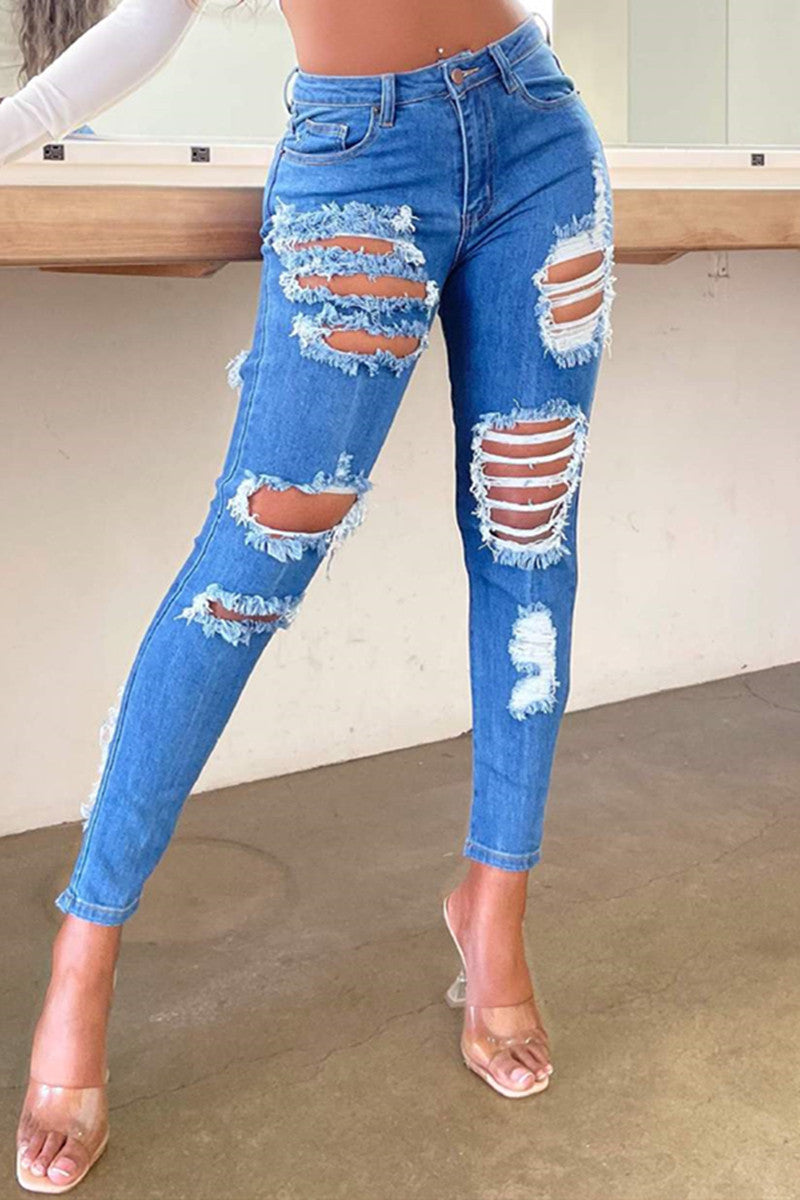Fashion Sexy Solid Ripped High Waist Regular Jeans – websogo