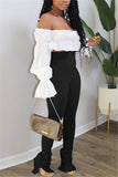 Fashion Long Sleeve Bateau Neck Off The Shoulder Short Solid Two Pieces