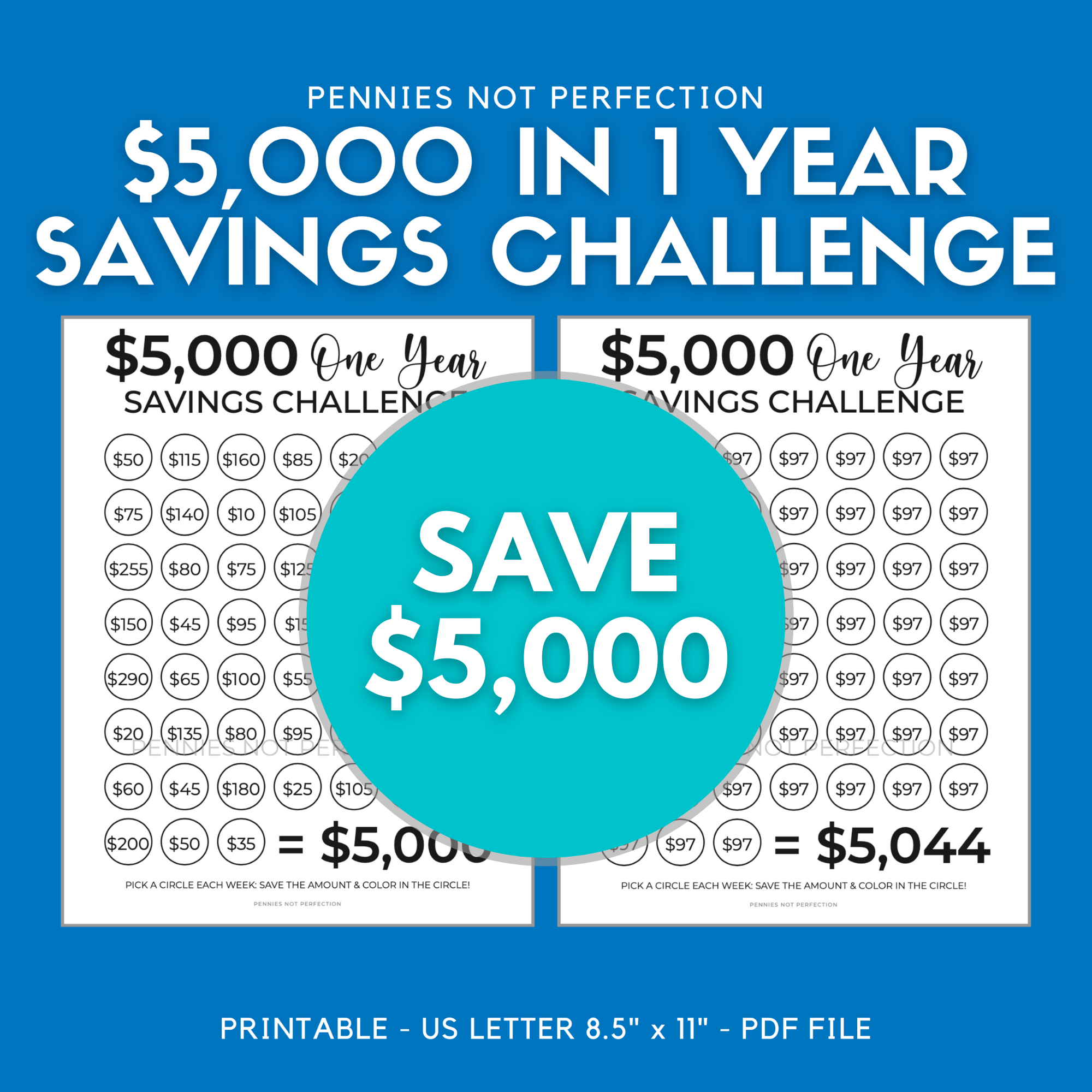 $5,000 In One Year Savings Challenge Tracker Printable –  Penniesnotperfection