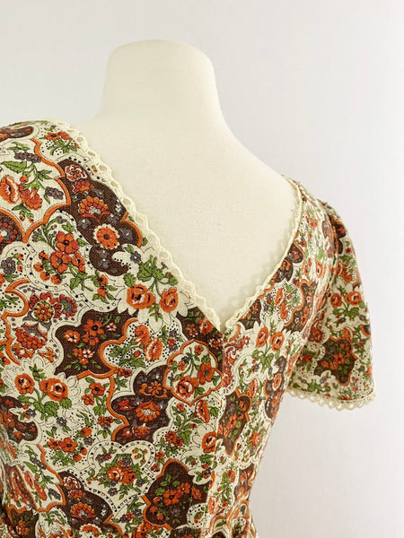1970s CANDI JONES Lace-Panelled Paisley Floral Maxi Dress -S/M