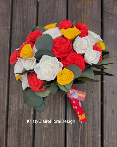 Kansas City Chiefs Inspired Bridal Bouquet, Sola Wood Flowers, Dried Preserved Eucalyptus Greenery 