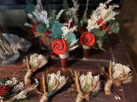 Thank You So Much For The Custom Order Heather! ❤️ Everything turned out so pretty! 😍 Bouquets, Hair Combs & Boutonnieres with Rust Colored Sola Wood Flowers, Babysbreath & Eucalyptus Greenery. WWW.KRISTYCLAIRE.ETSY.COM  www.kristyclairefloraldesign.com  #weddingideas #weddingdesign #weddingboutonniere #weddinginspiration #bridalbouquet #weddingbouquet #newmexico #cabin #cabinwedding #cabinlife #rustic #rusticwedding #rust #rusticdecor #eucalyptus #etsyseller #etsyshop #country #countrywedding #barn #western #solawood #antler #antlerdecor #antlerart #babysbreath #grass