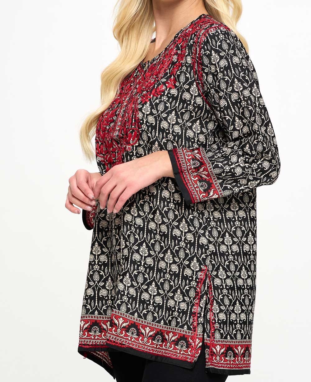 Embroidered Floral Cotton Tunic from India - Floral Sonata