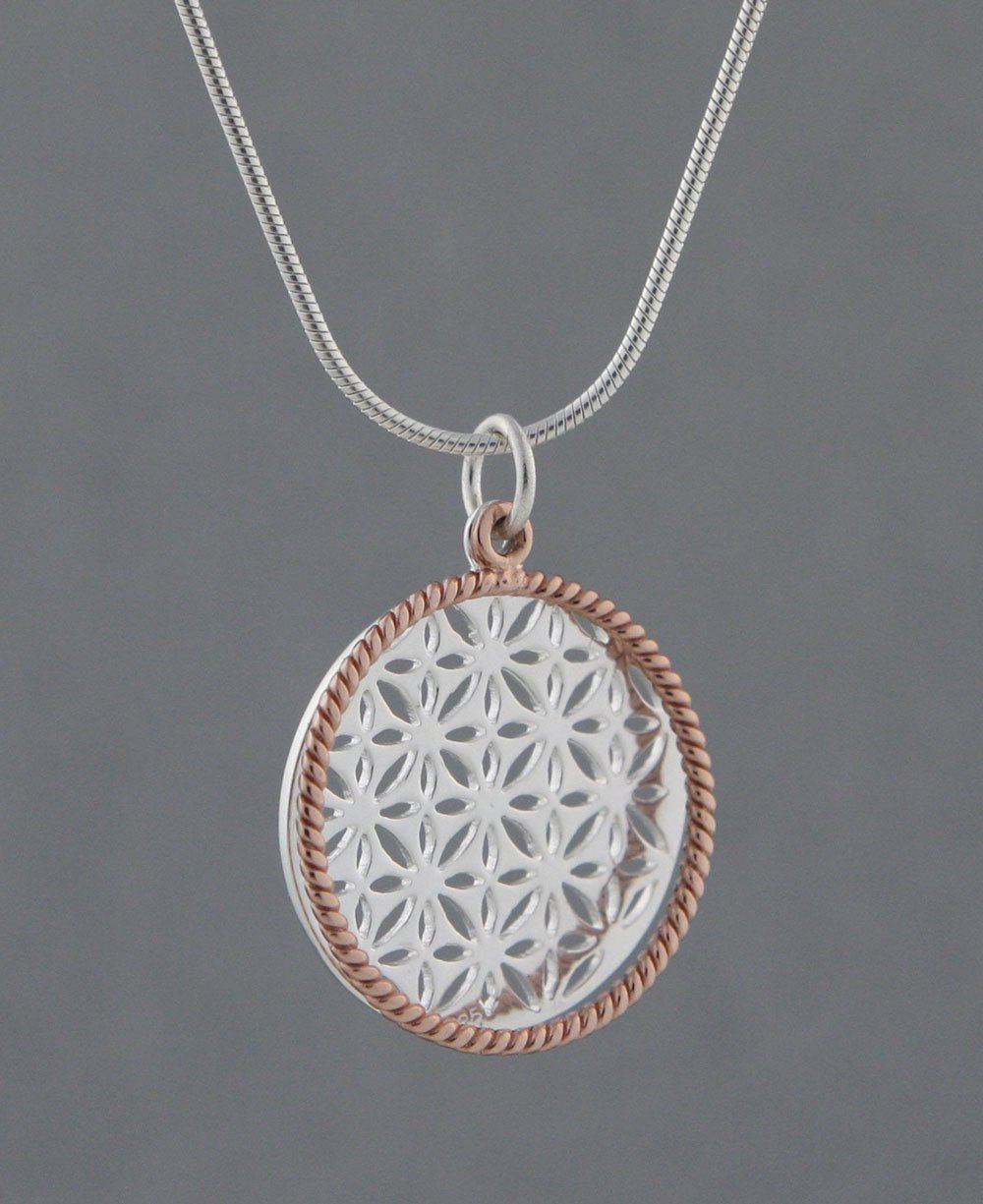 Flower of Life Rose Gold Halo Pendant, Sterling Silver