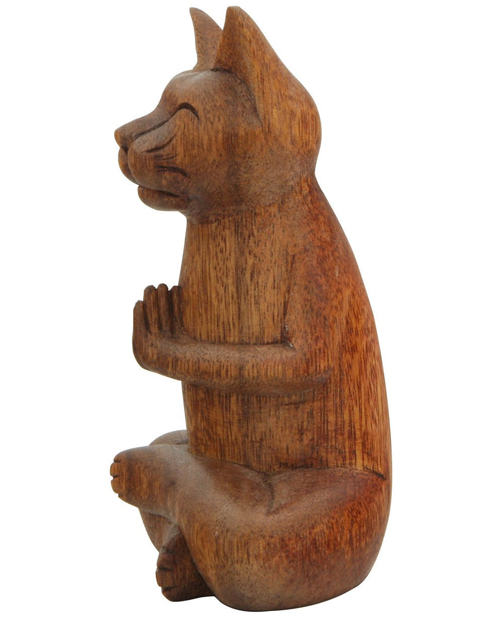 Hand Carved Praying Namaste Cat Statue