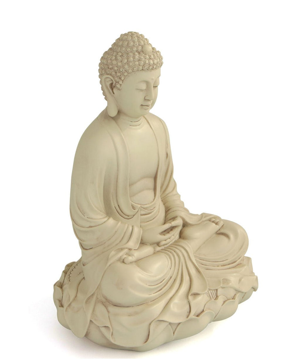 Meditating Buddha Statue on Lotus, Stone Finish, 11 Inches