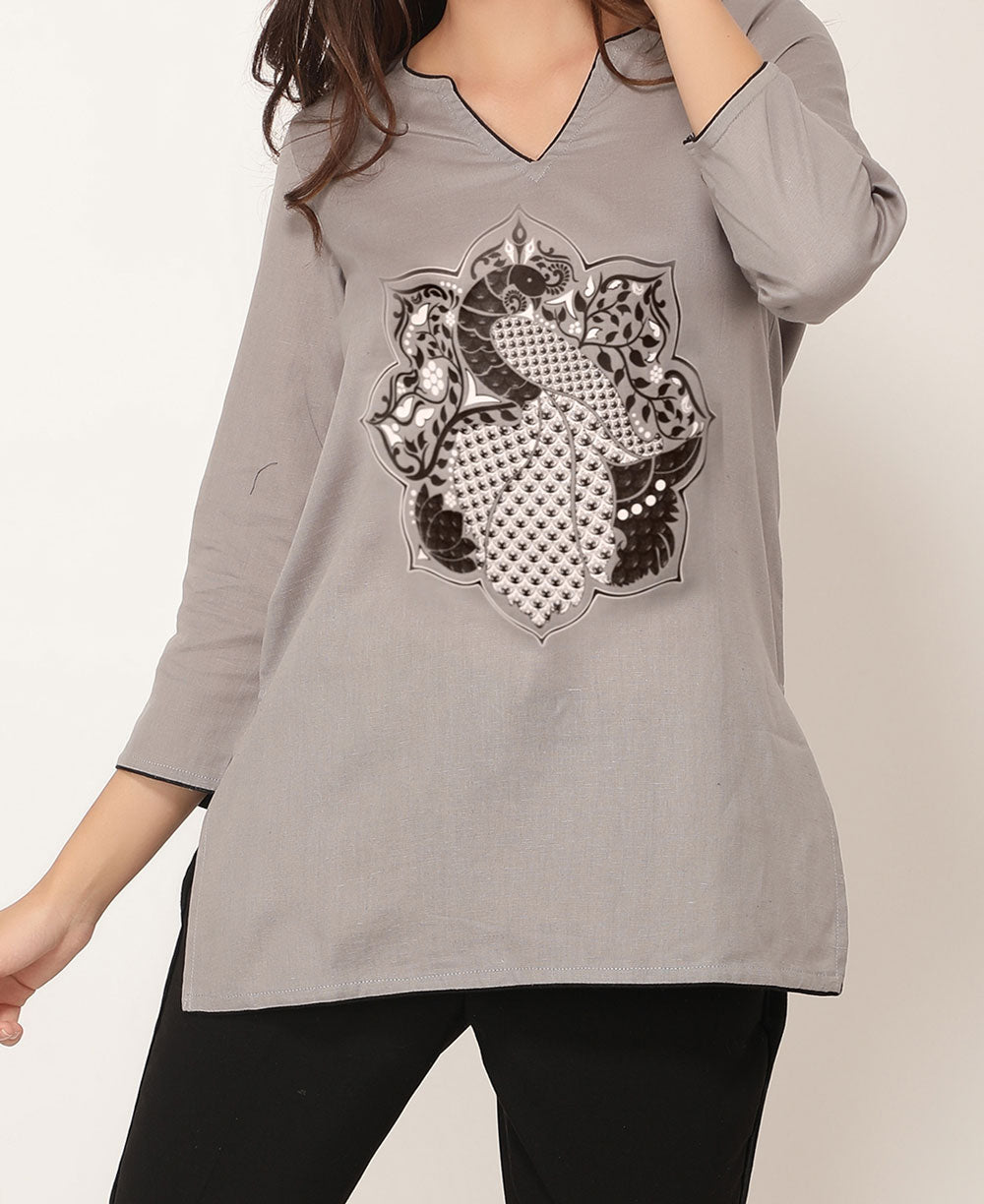 Peacock Lotus Mandala Grey and Black Cotton Tunic Top - Buddha Groove product image