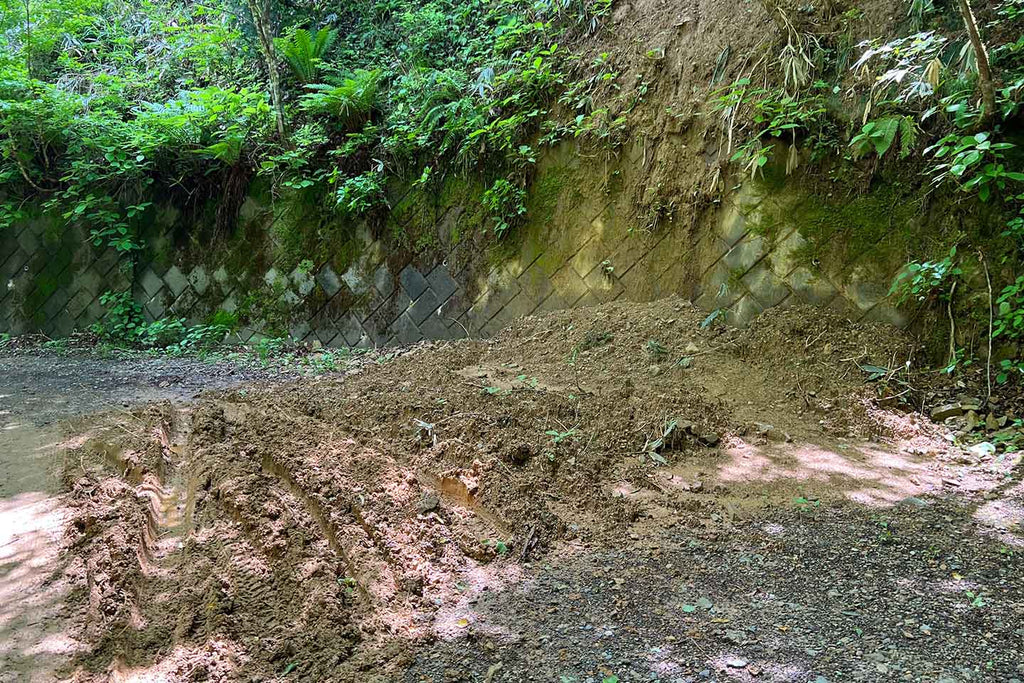 土砂崩れで道路が土だらけ