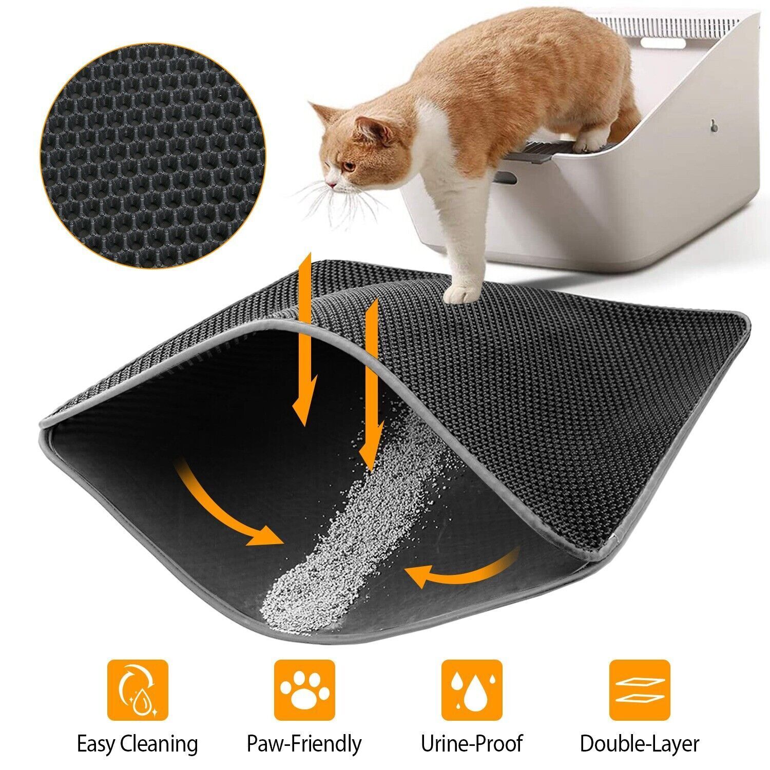 Info graphic showing how the mat traps litter