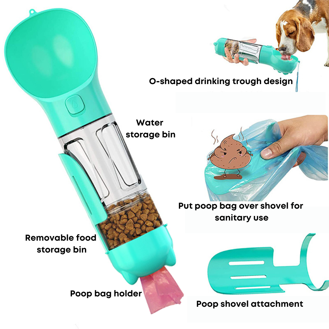 Pet Dispensor with Food Storage Drinking Bowl Poop Bagand Shovel - Blue - 500ml