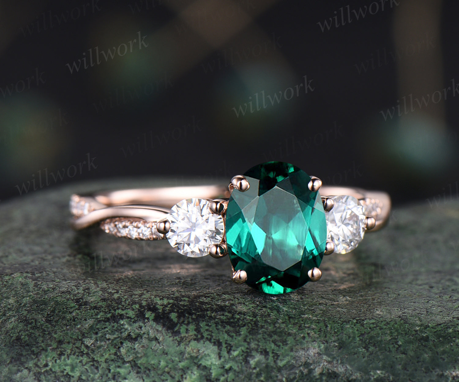 Unique oval emerald engagement ring 14k rose gold twisted moissanites ...