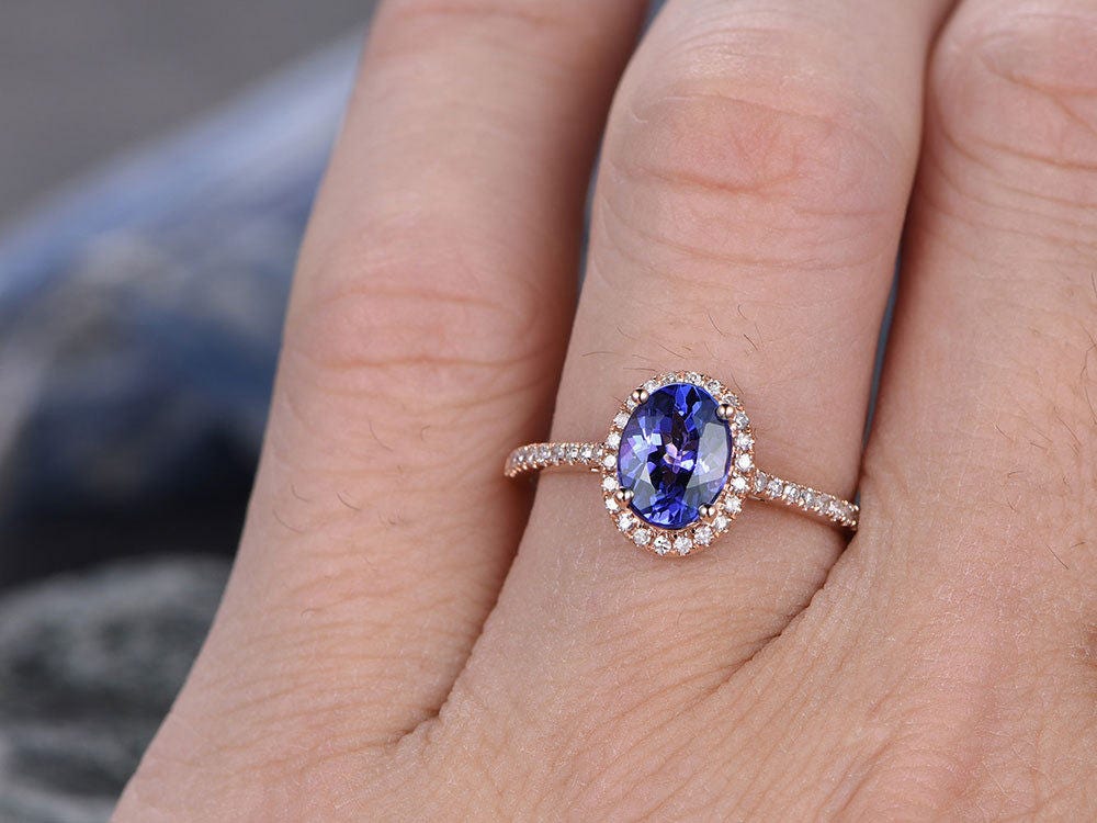Blue Tanzanite engagement ring-Solid 14k rose gold-handmade diamond ring-Halo stacking band-6x8mm Oval cut gemstone promise ring