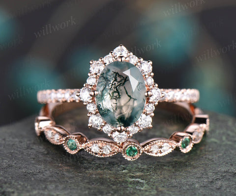 oval cut moss agate wedding ring set