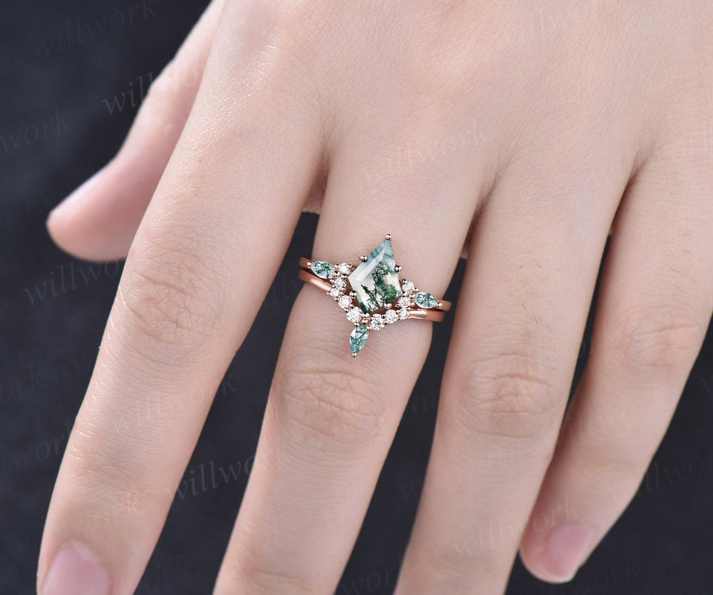 Vintage kite cut green moss agate engagement ring set 14k white