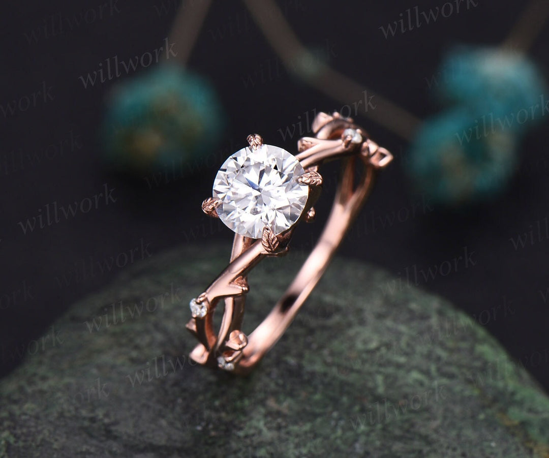 Vintage 1ct round gray moissanite engagement ring leaf 14k rose gold r –  WILLWORK JEWELRY