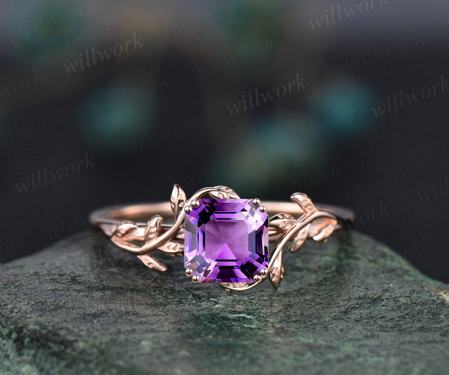 Amethyst ring vintage hexagon cut Amethyst engagement ring 14k white g –  WILLWORK JEWELRY