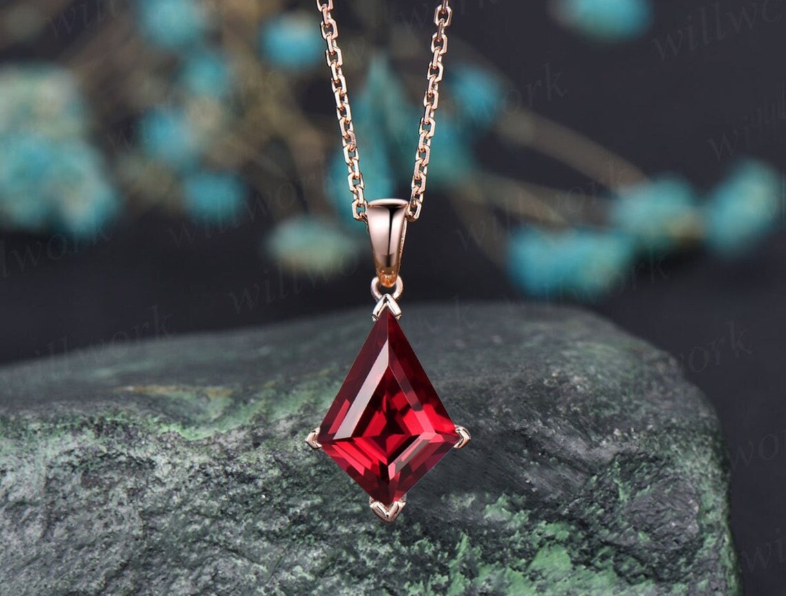 Kite red garnet necklace solid 14k 18k rose gold vintage unique