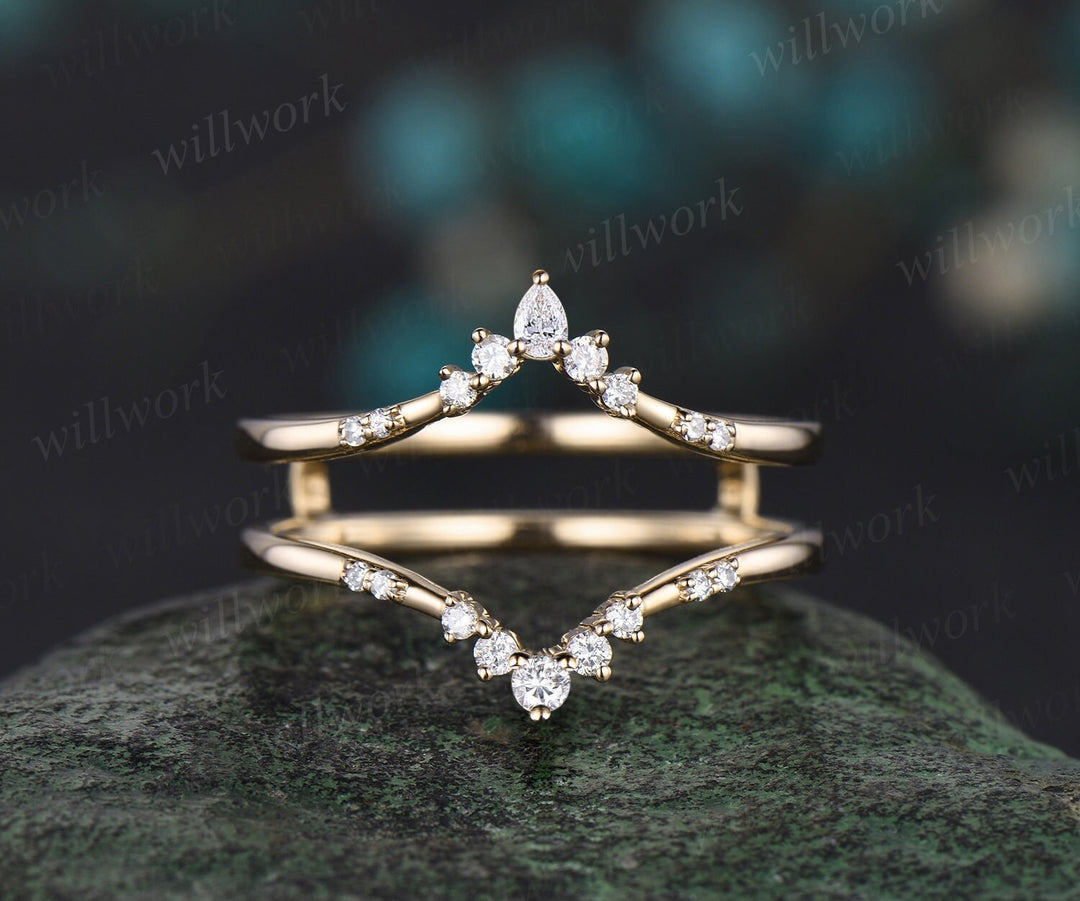 Custom Curved Matching Band Marquise Moissanite Wedding Band Antique Cluster Ring Guard Rose Gold Chevron Band Ring Enhancer Women Gift