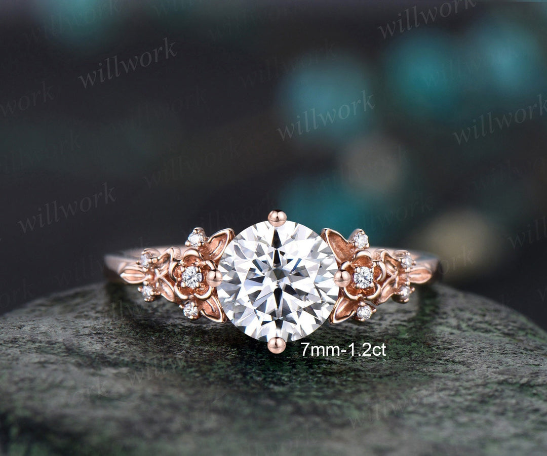 Vintage 1ct round gray moissanite engagement ring leaf 14k rose gold r –  WILLWORK JEWELRY