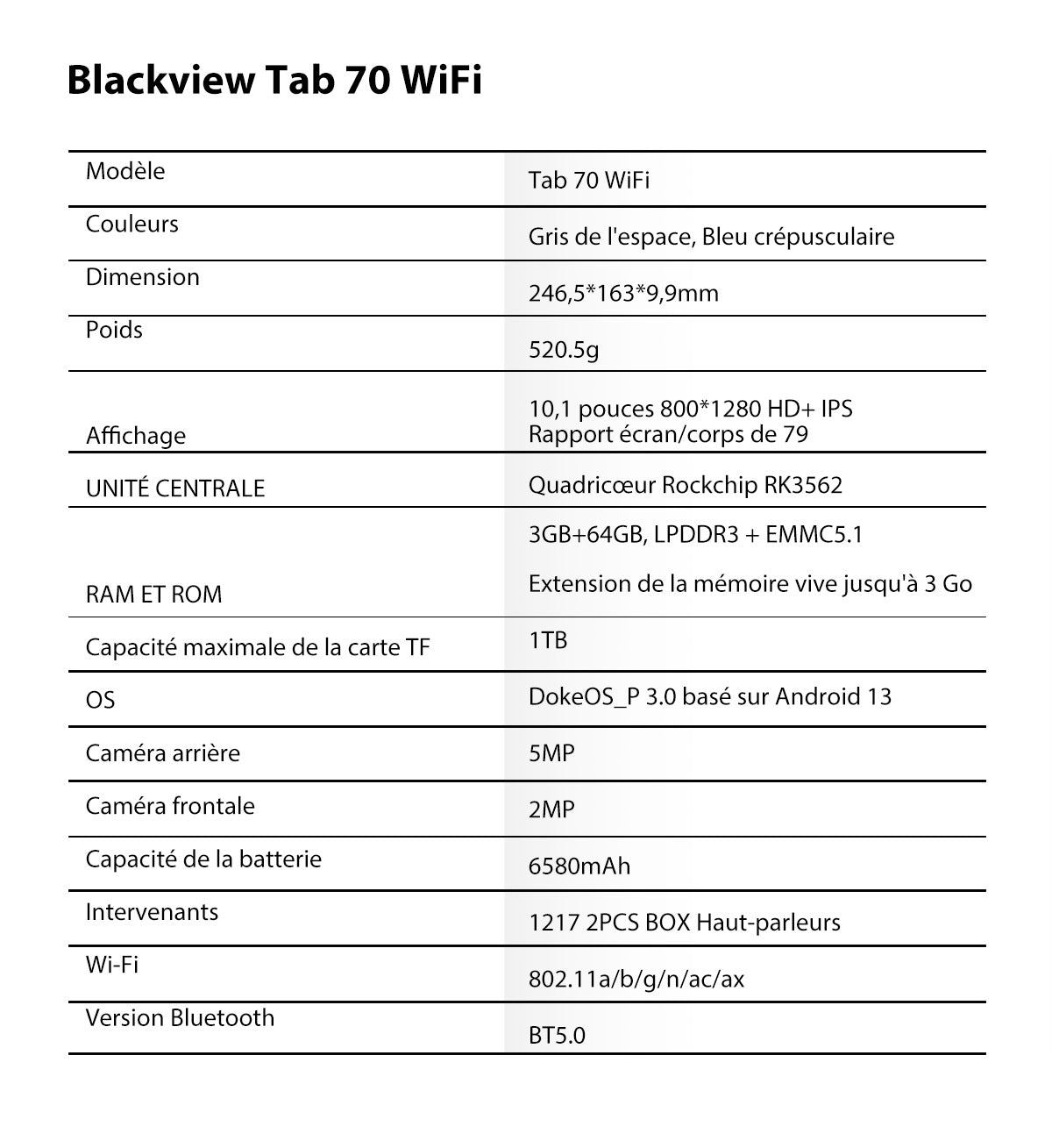 Blackview Tab 70 WIFI french description