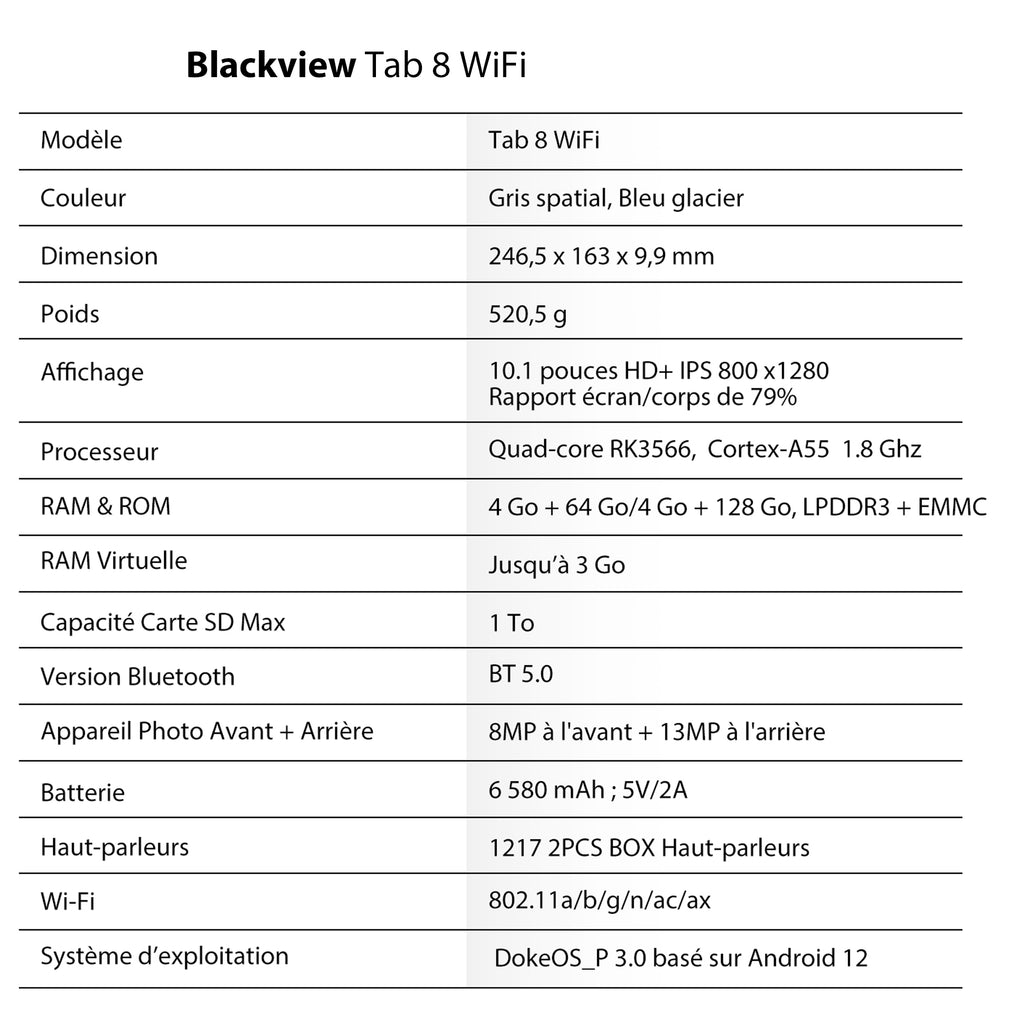 45€ sur Blackview Tab 50 WiFi Tablette Tactile 8 pouces HD 8Go+128Go/SD 1To  5580mAh WiFi 6 Tablette PC Android 13 Bleu Avec Clavier K1 - Tablette  tactile - Achat & prix