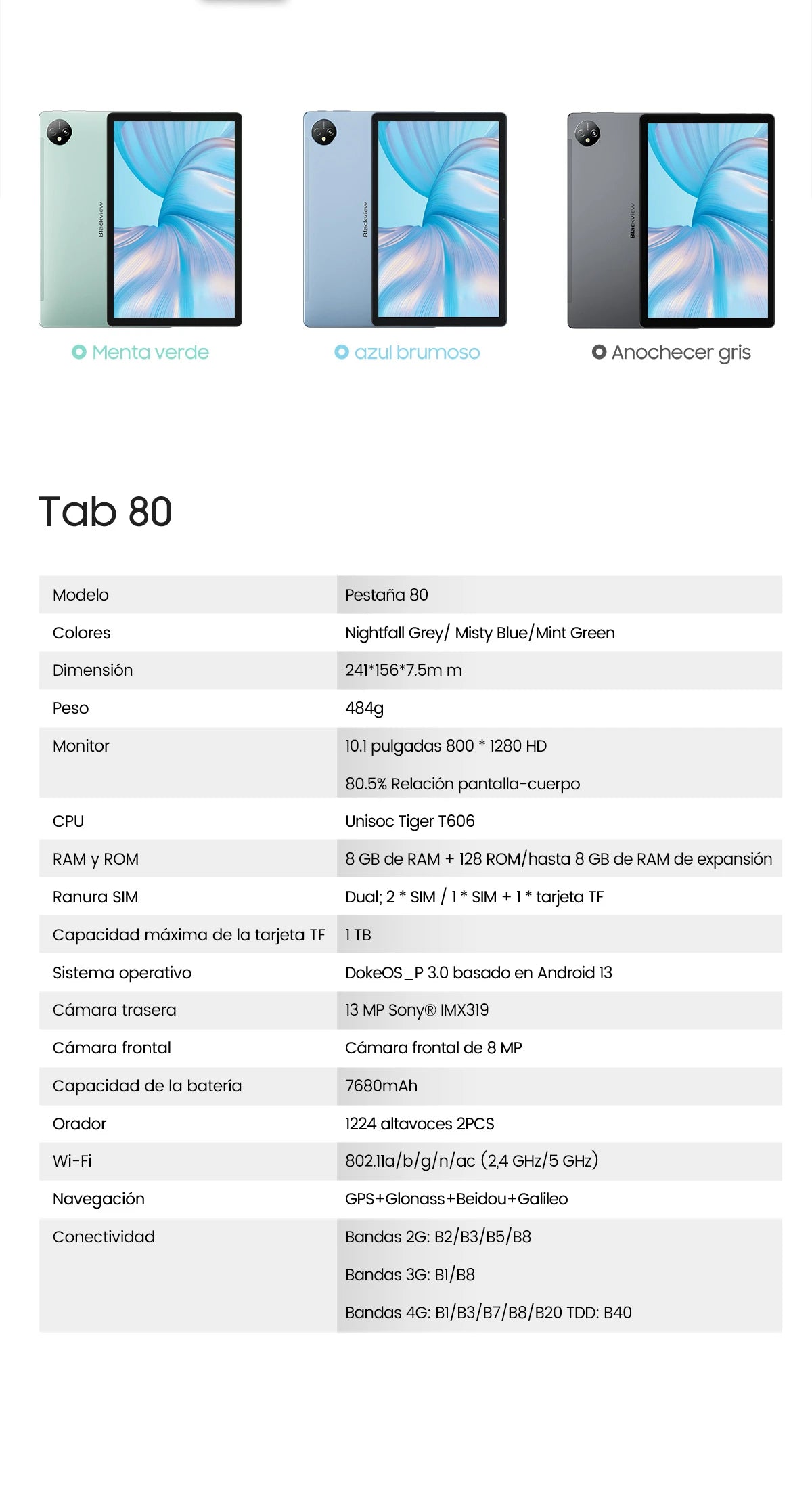 Blackview Tab 80 Spanish details