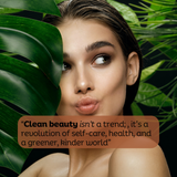 women in clean make up surrounded by leaves to share on social media to support clean beauty as a revolution and not a trend