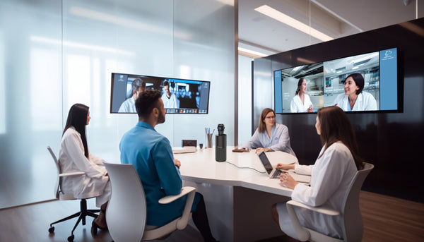 4 healthcare professionals using the Toucan Video Conference System 360 in their meeting